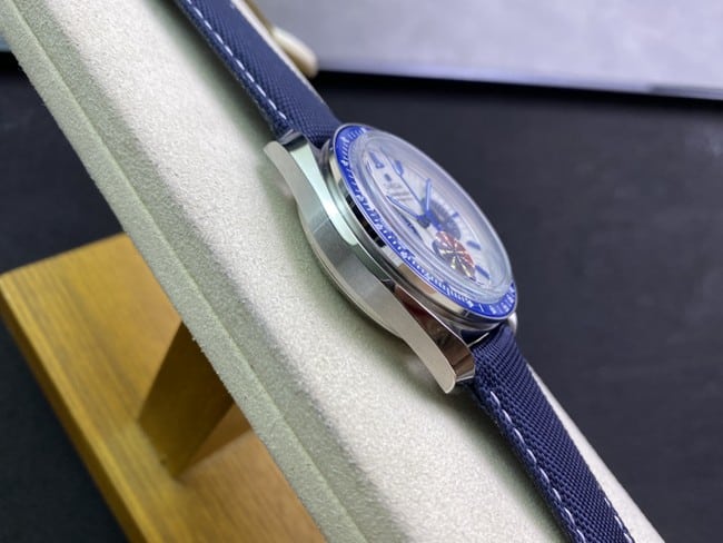 Side view of Omega Speedmaster series top-tier watch celebrating Snoopy’s 150th anniversary