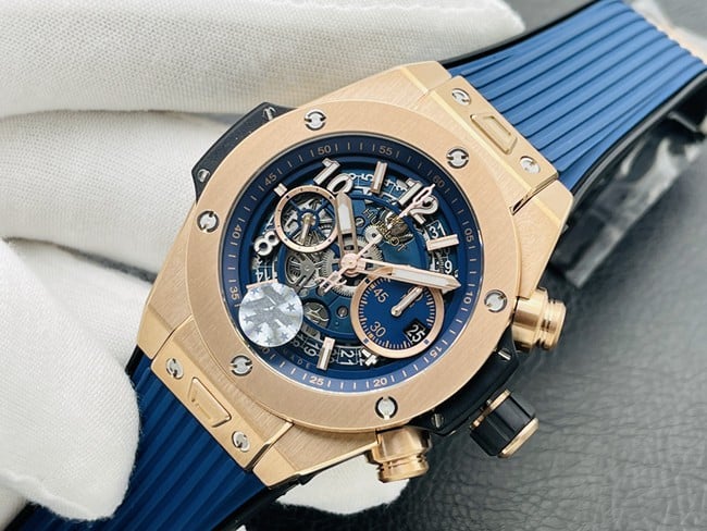 top-tier replicaHublot Big Bang Series 44MM gold case blue rubber watch front view
