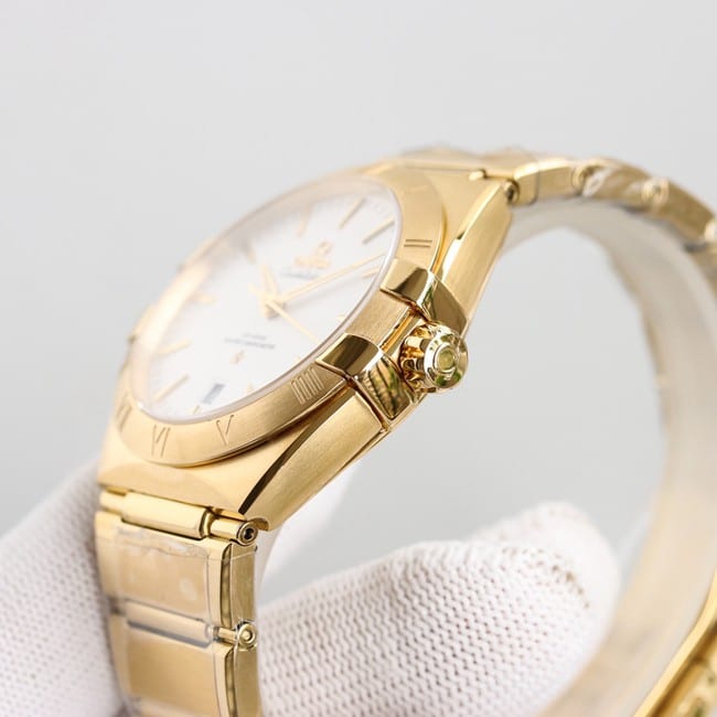 Top Omega 5th Generation Constellation Series Gold Plate Gold Silver Steel Strap Men's Earth Watch Side View