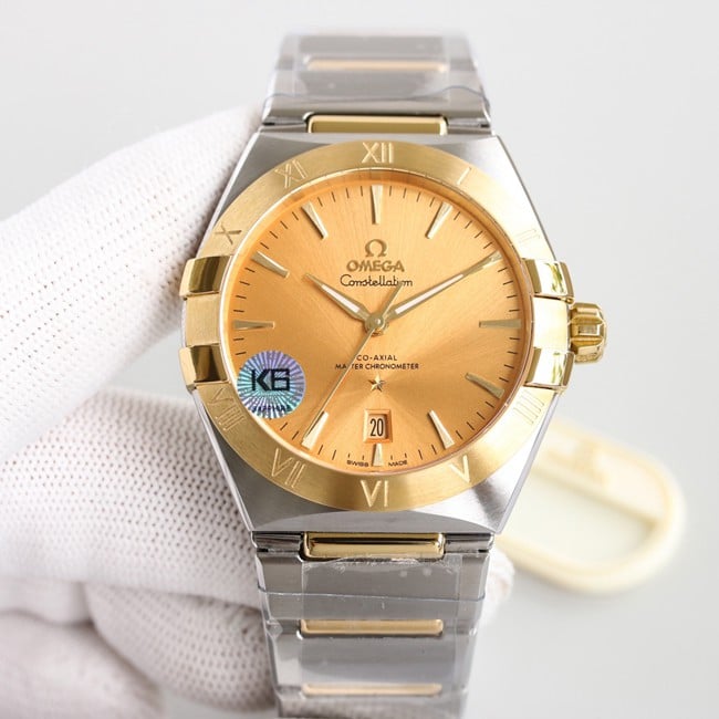 Top Omega 5th Generation Constellation Series Gold Plate Gold Silver Steel Strap Men's Earth Watch Front View
