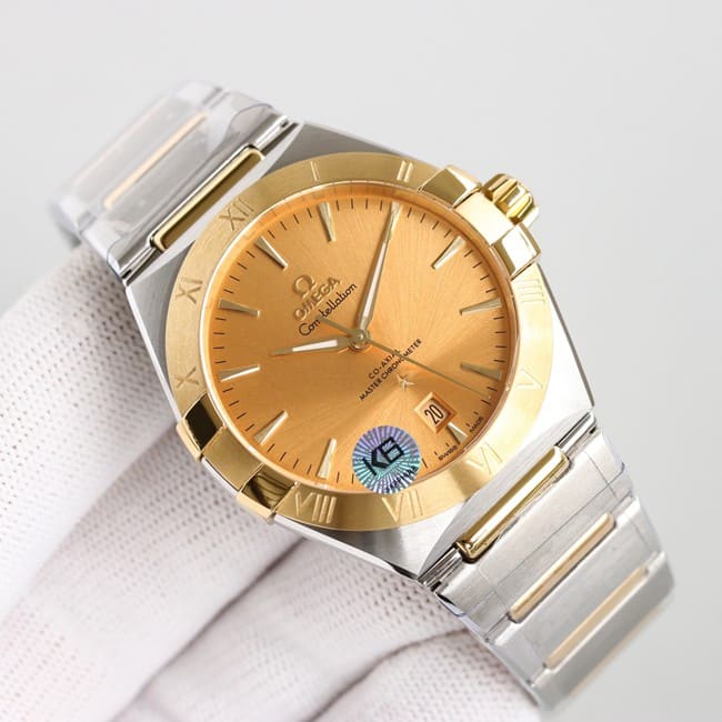 Top Omega 5th Generation Constellation Series Gold Plate Gold Silver Steel Strap Men's Earth Watch Front View