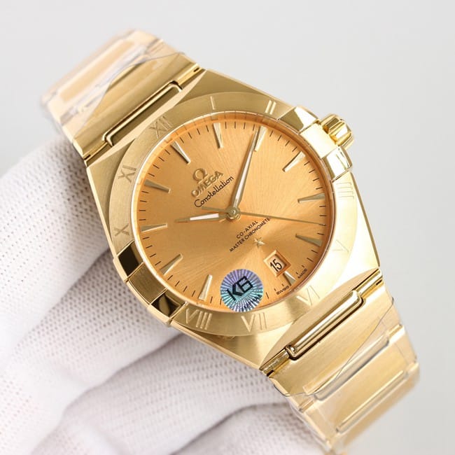 Top Omega 5th Generation Constellation Series Gold Plate Gold Silver Steel Strap Men's Earth Watch Front View