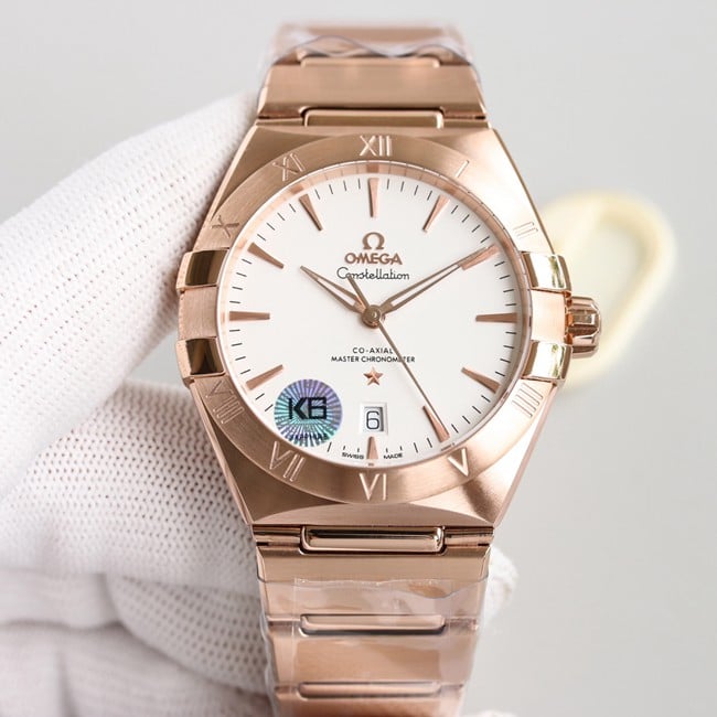 top-tier replicaOmega fifth generation constellation series white dialrose gold silver steel bracelet men's watch front view