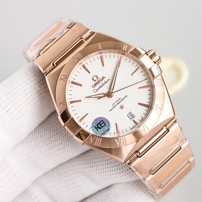 top-tier replicaOmega fifth generation constellation series white dialrose gold silver steel bracelet men's watch front view