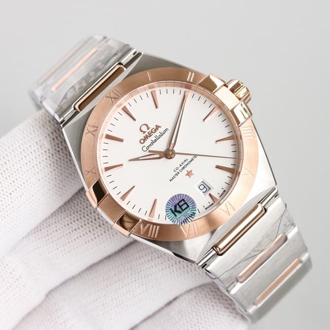 top-tier replicaOmega fifth generation constellation series white dialrose gold silver steel bracelet men's watch front view