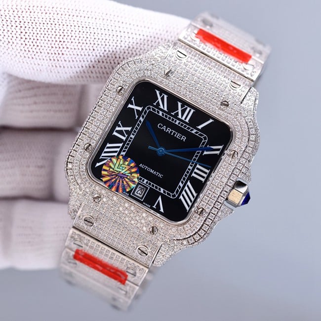 top-tier real diamond Cartier Santos baby's breath black dial watch front view