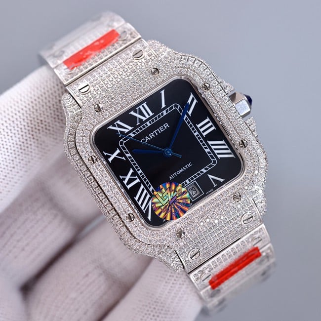 top-tier real diamond Cartier Santos baby's breath black dial watch front view