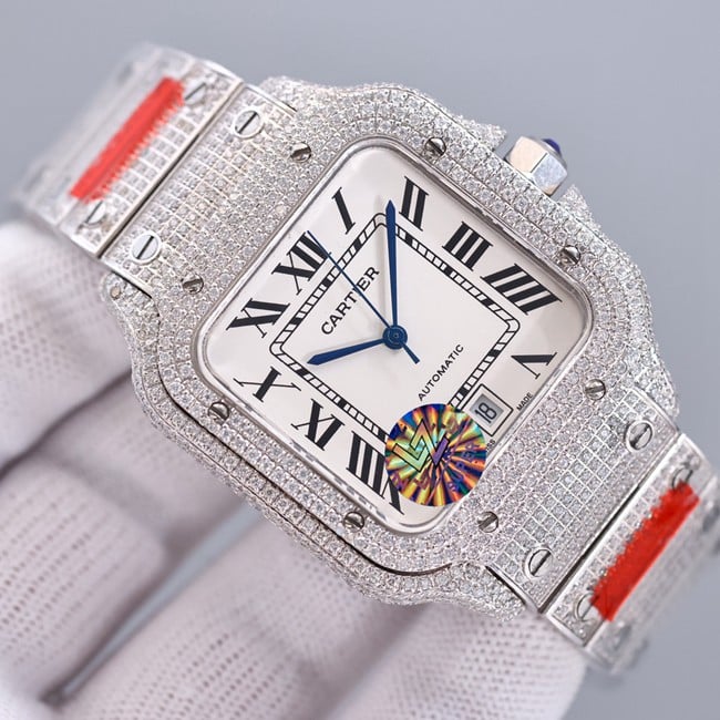top-tier real diamond replicaCartier Santos baby's breath white dial watch front view