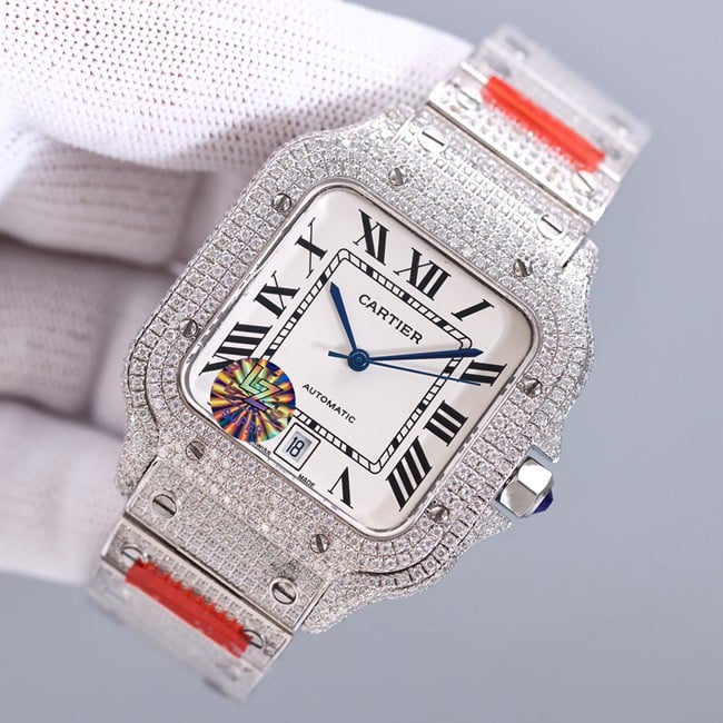 top-tier real diamond replicaCartier Santos baby's breath white dial watch front view