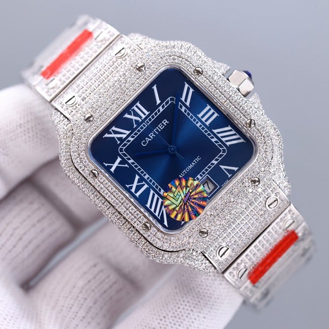 top-tier real diamond replicaCartier Santos Gypsophila blue dial watch front view