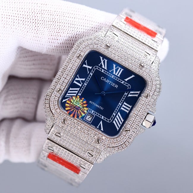 top-tier real diamond replicaCartier Santos Gypsophila blue dial watch front view