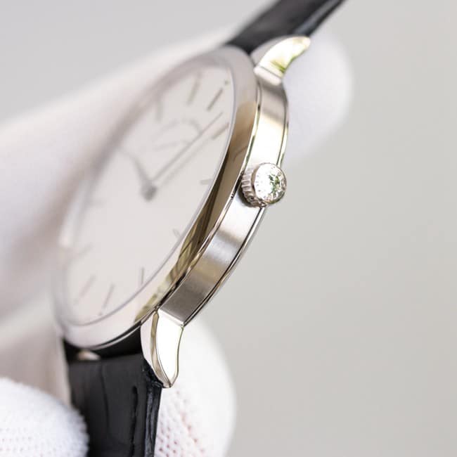 top-tier Lange SAXONIA series two-hand silver steel case watch side view