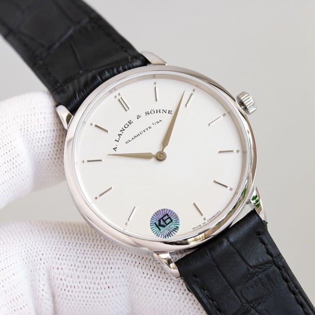 top-tier Lange SAXONIA series two-hand silver steel case front view