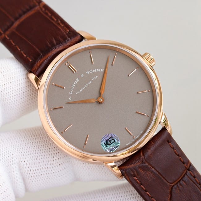 top-tier Lange SAXONIA series two-hand rose gold steel case front view