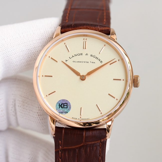 top-tier Lange SAXONIA series two-hand rose gold steel case front view