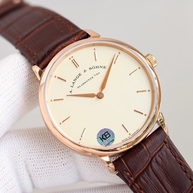 top-tier Lange SAXONIA series two-hand rose gold steel case front view