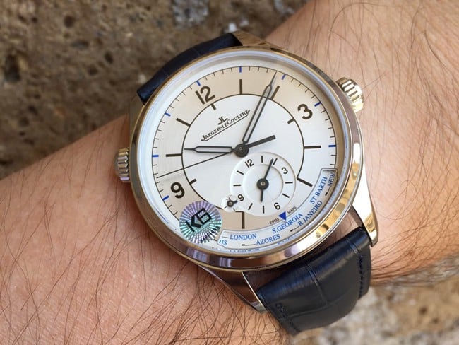 TW factory top-tier replicaJaeger-LeCoultre geographer master series silver steel case black leather strap watch front view