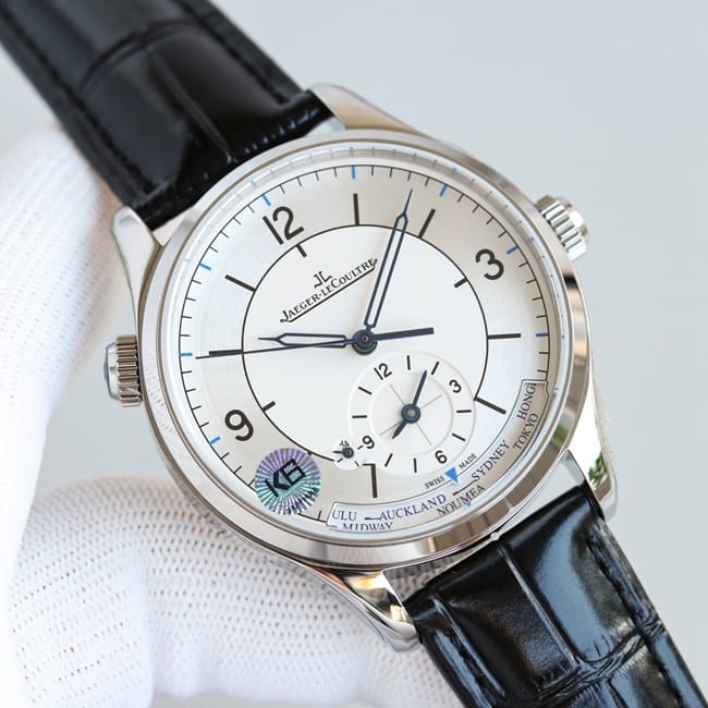 TW factory top-tier replicaJaeger-LeCoultre geographer master series silver steel case black leather strap watch front view