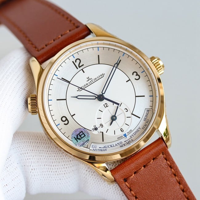 TW factory top-tier Jaeger-LeCoultre master geographer series rose gold color steel case red leather strap watch front view