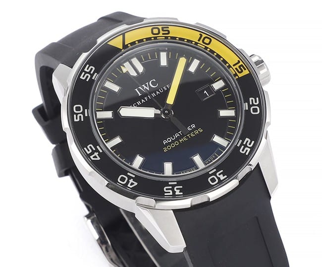 top-tier watch IWC marine series yellow minute hand black rubber strap watch front view
