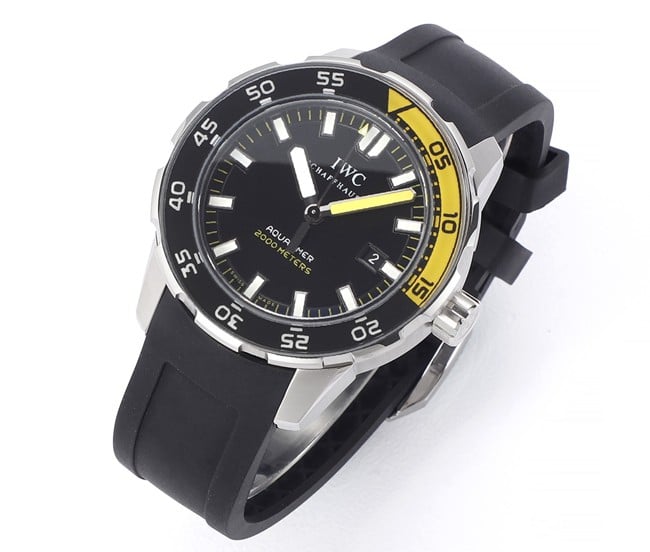 top-tier watch IWC marine series yellow minute hand black rubber strap watch front view