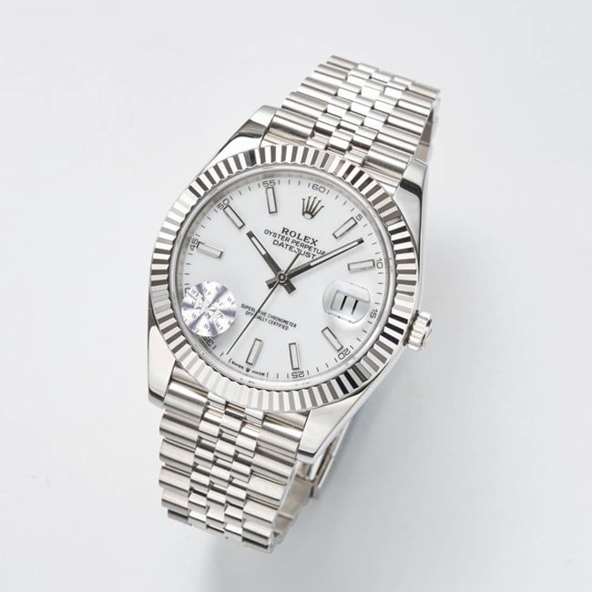 WF factory top-tier replicaRolex41mm log series white dialsteel bracelet watch front view