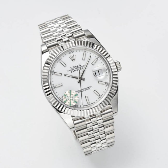 WF factory top-tier replicaRolex41mm log series white dialsteel bracelet watch front view