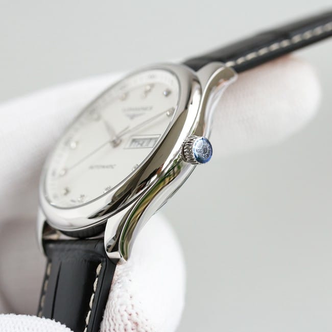 KL factory top-tier watch Longines famous craftsman double date displayl2.775white dial diamond watch side view
