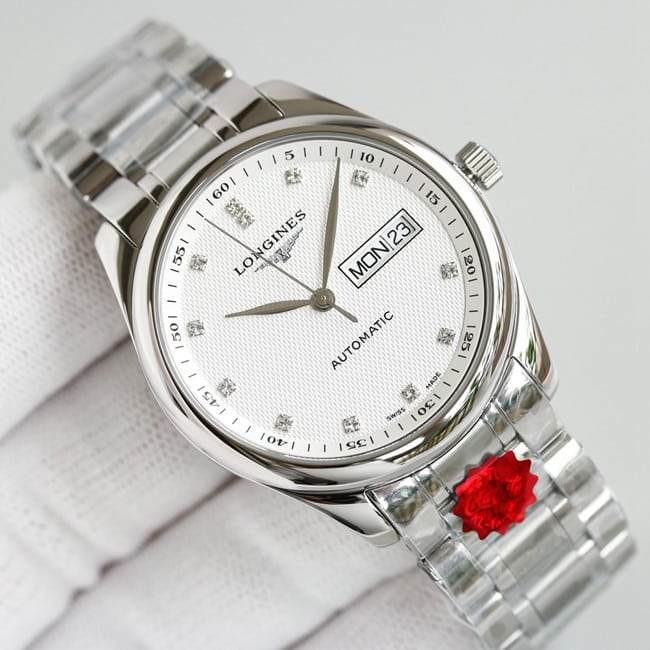 KL factory top-tier watch Longines famous craftsman double date displayl2.775white dial diamond watch front view