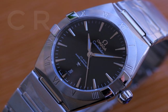 Top Omega Constellation Series Fifth Generation Black Dial Silver Steel Band Men's Watch Front View