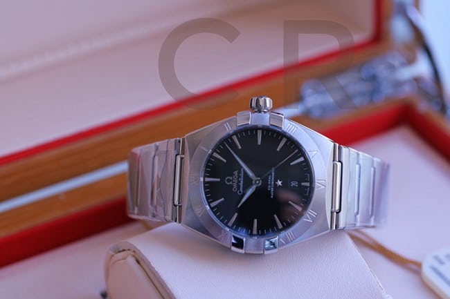 Top Omega Constellation Series Fifth Generation Black Dial Silver Steel Band Men's Watch Front View