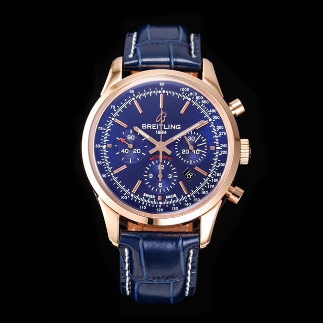 top-tier watch Breitling overseas series chronograph gold steel case watch front view