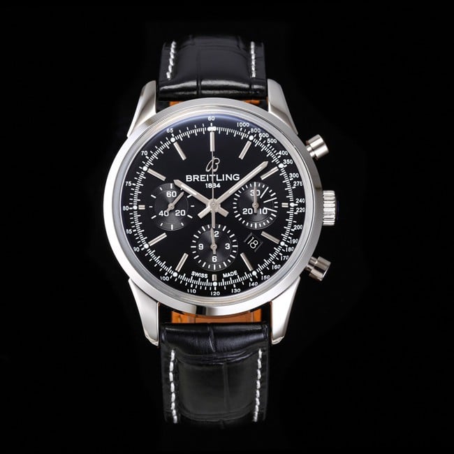 top-tier watch Breitling overseas series chronograph silver steel case watch front view