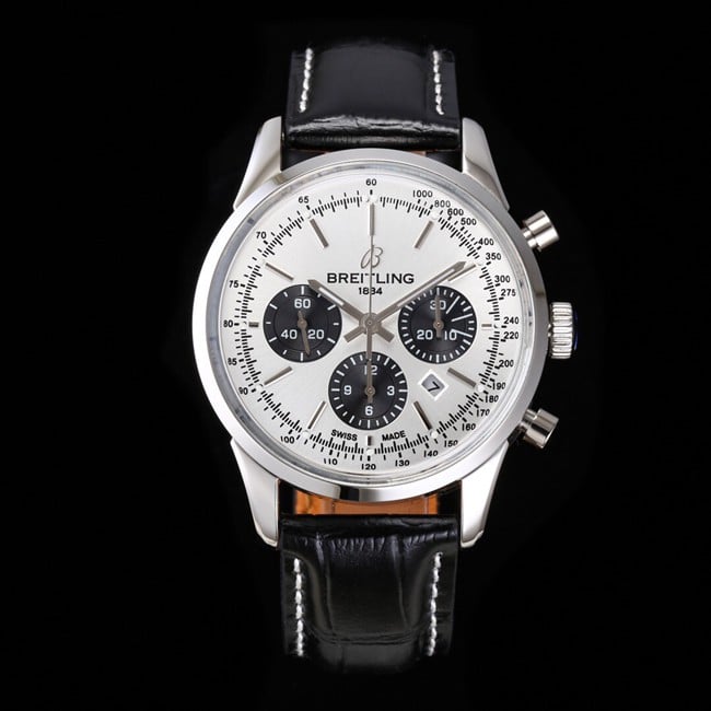 top-tier watch Breitling overseas series chronograph silver steel case watch front view