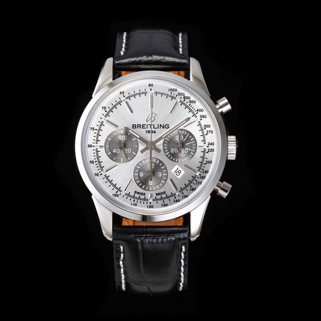top-tier watch Breitling overseas series chronograph silver steel case watch front view