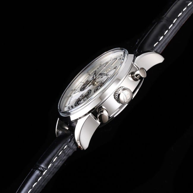 top-tier watch Breitling overseas series chronograph silver steel case watch side view