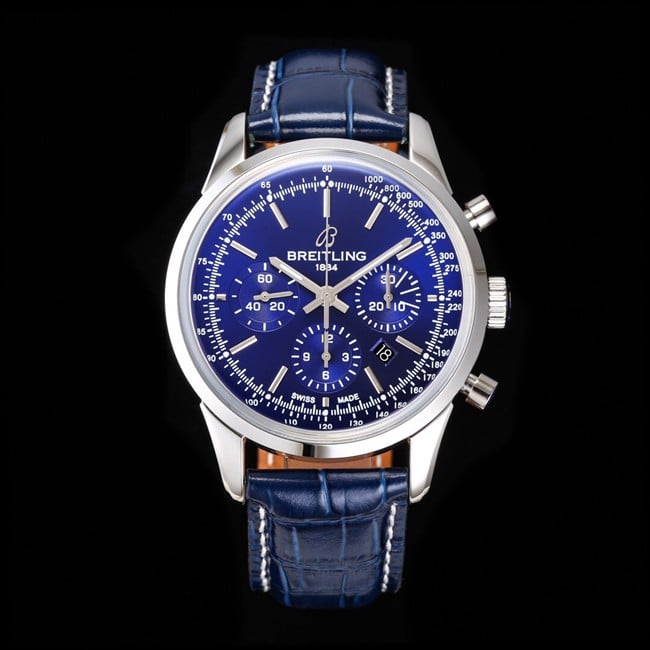 top-tier watch Breitling overseas series chronograph silver steel case watch front view