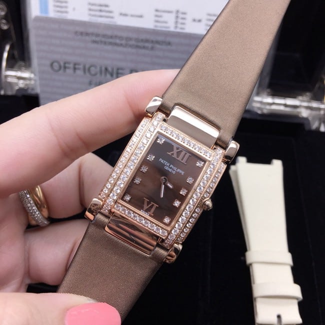 AW factory real diamond replicaPatek Philippe brown plate and brown belt ladies' watch front view