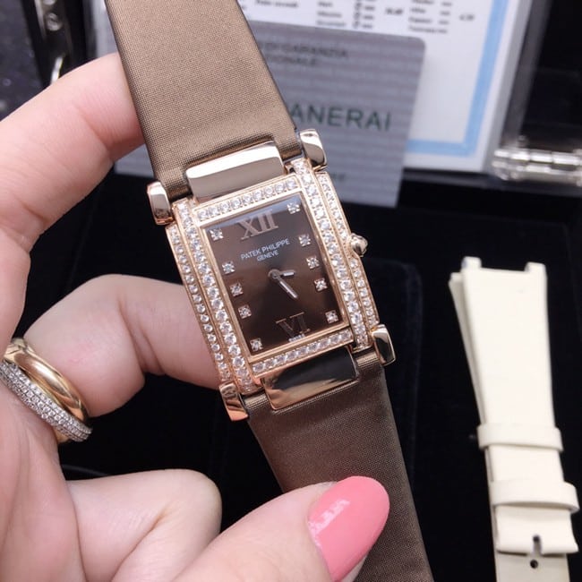 AW factory real diamond replicaPatek Philippe brown plate and brown belt ladies' watch front view