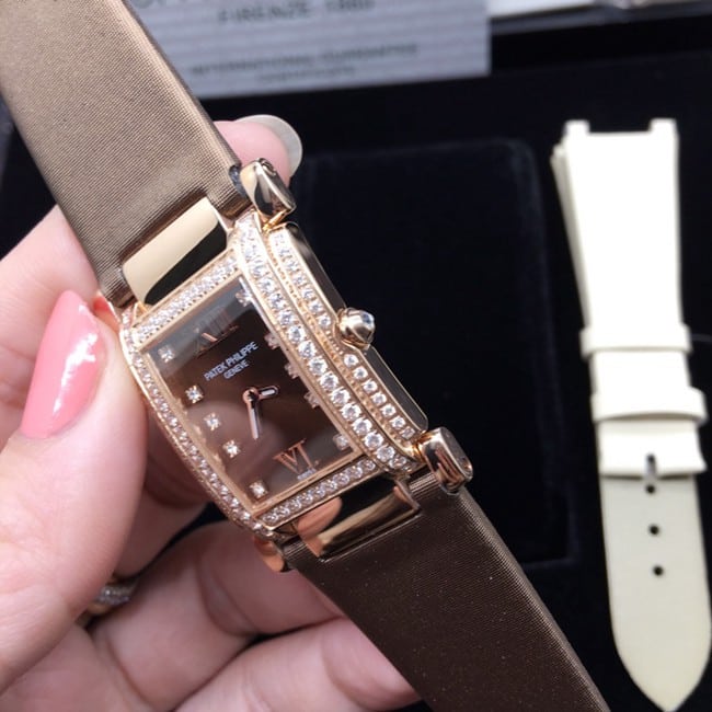AW factory real diamond replicaPatek Philippe brown plate and brown belt ladies' watch side view