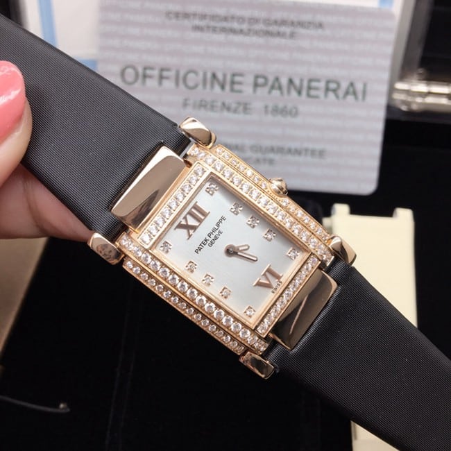 AW factory real diamond replicaPatek Philippewhite dial black belt ladies' watch front view
