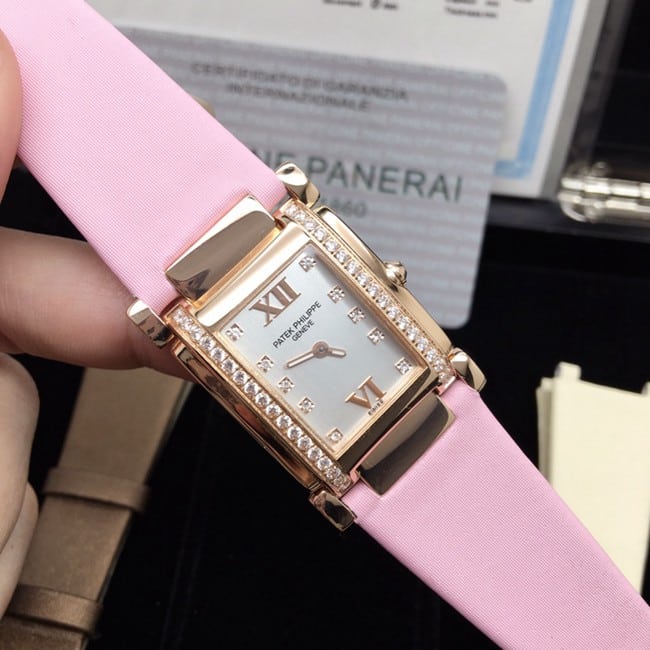 AW factory real diamond replicaPatek Philippewhite dial pink belt ladies' watch front view