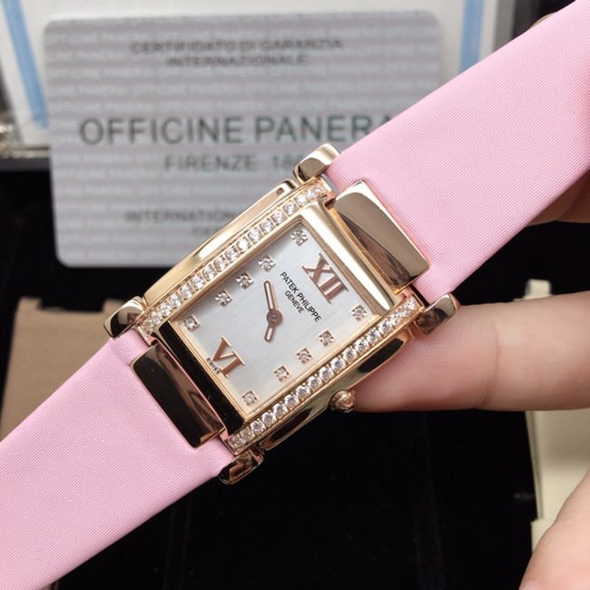 AW factory real diamond replicaPatek Philippewhite dial pink belt ladies' watch front view