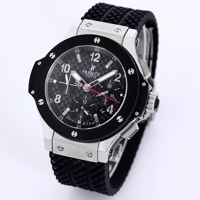 top-tier watch Hublot BIG BANG black ring silver case watch front view