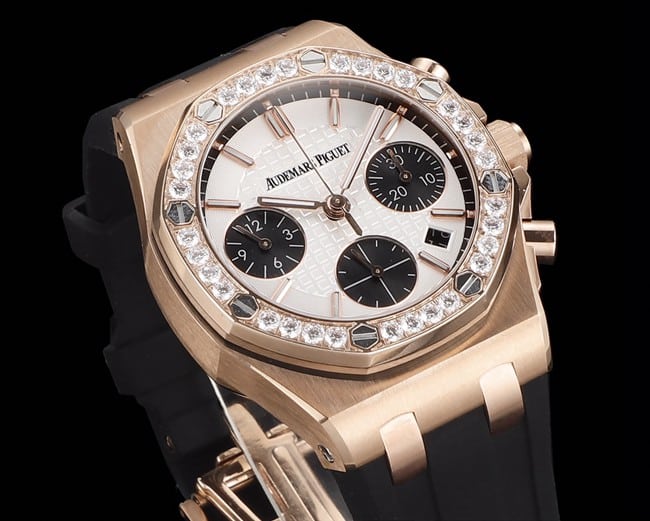 Top Audemars Piguet Royal Oak Rose Gold Case Women's Multifunction Chronograph Mechanical Watch Front View