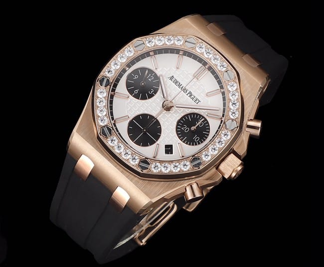 Top Audemars Piguet Royal Oak Rose Gold Case Women's Multifunction Chronograph Mechanical Watch Front View