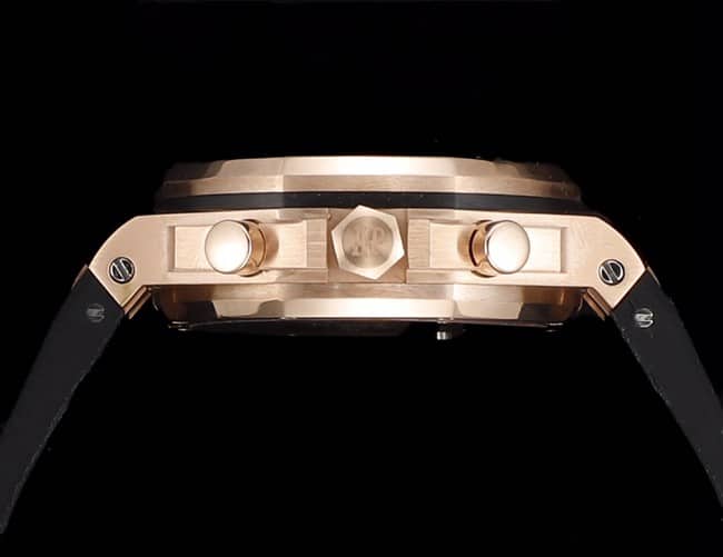 Side View of a Top-Quality Audemars Piguet: Audemars Piguet Royal Oak Rose Gold Case Women's Multifunction Mechanical Chronograph Watch