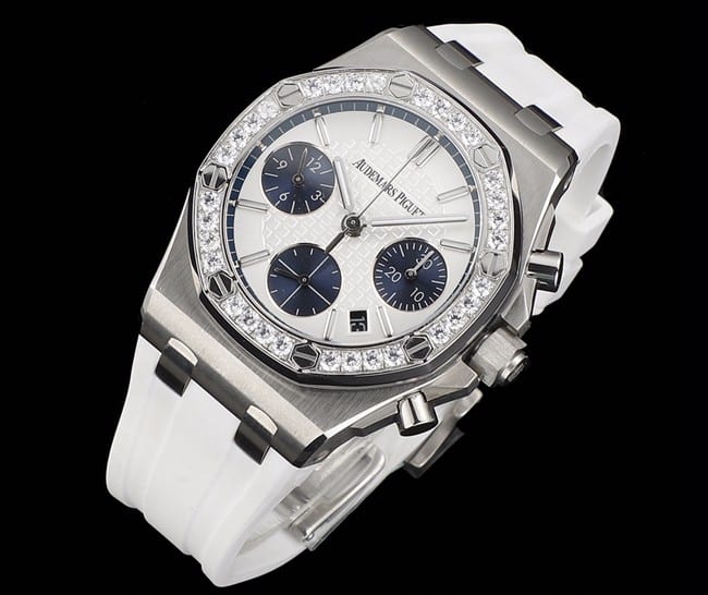 top-tierAudemars Piguetreplica watchAudemars Piguet Royal Oak silver case women's multifunctional chronograph mechanical watch front view