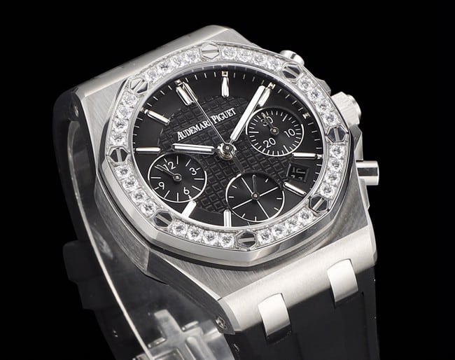 top-tier watch Audemars PiguetAudemars Piguet Royal Oak women's multifunctional chronograph black dial mechanical watch front view