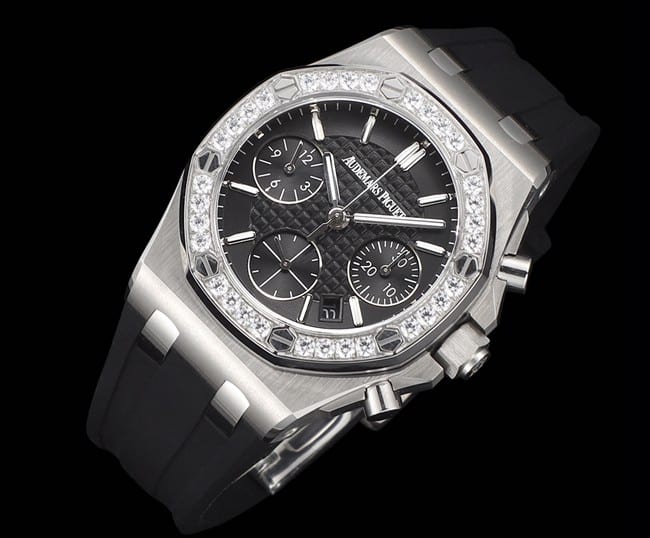 top-tier watch Audemars PiguetAudemars Piguet Royal Oak women's multifunctional chronograph black dial mechanical watch front view